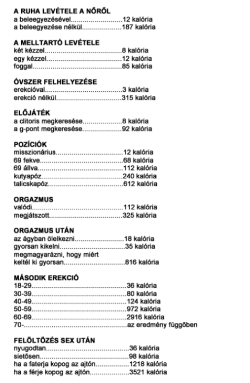 Szex kalória táblázat